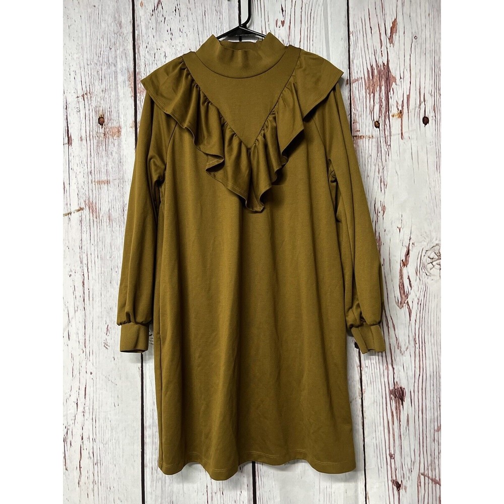 Who What Wear Long Sleeve Knit Ruffle Sheath Golden Brown Mini Dress Size XL